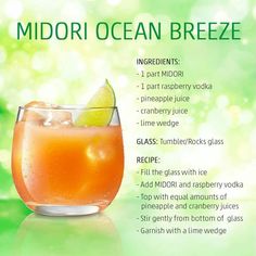 a drink with ice, lemon and lime on the top is labeled midori ocean breeze