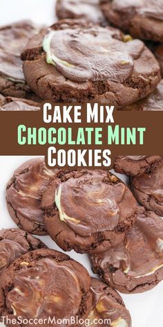 chocolate mint cookies are stacked on top of each other with the words cake mix chocolate mint cookies