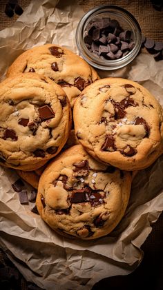 four chocolate chip cookies sitting on top of a piece of parchment paper next to a jar of chocolate chips