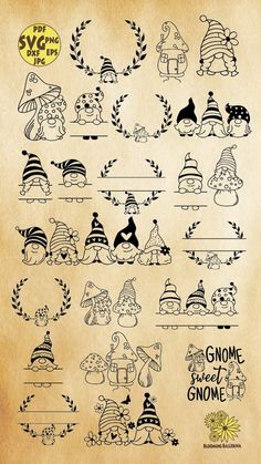 an image of gnomes and snowmen on parchment paper with the words gnome sweet gnome written