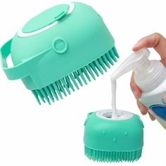 a person is holding a brush and comb in front of a green container with a white handle