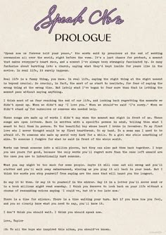 an old letter that has been written in purple and black ink with the words speak chia prologue