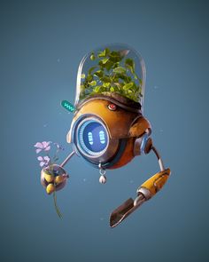 Solar Punk Robots, Solarpunk Drawing, Robot Digital Art, 3d Robot Design, Solar Punk Character, Robot Concept Art Cute, Cute Robot Art, Blender Artwork, Solarpunk Art