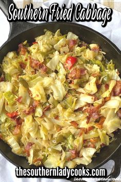 An iron skillet with fried cabbage. Dinner Ideas With Cabbage, Fried Cabbage Recipe, Southern Fried Cabbage, The Southern Lady Cooks, Southern Lady Cooks, Southern Cornbread