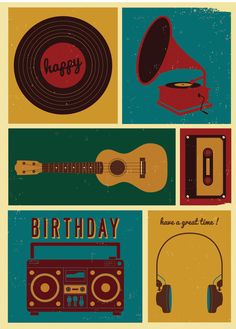 an image of happy birthday card with musical instruments and headphones in retro style illustration