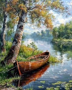 a painting of a boat sitting on the shore of a lake next to a tree