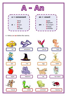 a - am worksheet with pictures and words for children to learn in english