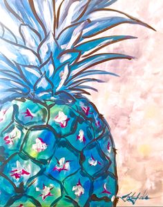 a painting of a blue pineapple with pink and white flowers on it's side