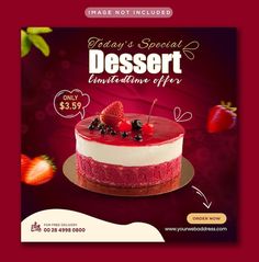 a dessert advertise with strawberries and berries on the top, in front of a red background