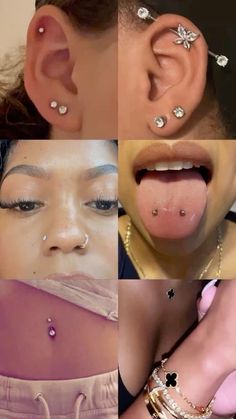 multiple images of different types of piercings on women's ears, nose and lips