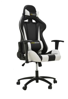 a black and white office chair with wheels on the bottom, in front of a white background