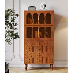 a wooden bookcase sitting on top of a hard wood floor next to a potted plant