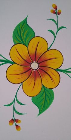 a painting of a yellow flower with green leaves and red flowers on it's petals