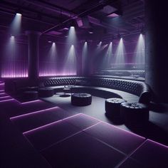 a dimly lit room with couches and stools in the center, surrounded by purple lighting