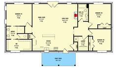 the first floor plan for a house with two bathrooms and one bedroom, an attached garage