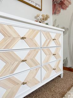 White Refinished Dresser with Wood Chevron Design Blush Colored Furniture, Mcm Flipped Furniture, Flip Furniture Ideas, Tallboy Makeover, Dresser Designs, Dresser Flips, Boho Dresser, Refinished Dresser, Refurbishing Furniture