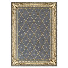 a blue rug with gold trimmings and diamond design on the bottom, in an ornate frame