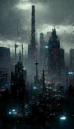 a futuristic cityscape with lots of tall buildings and neon lights in the sky