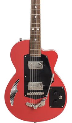 an electric guitar with a red body and black fret, on a white background