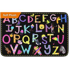 a black mat with colorful alphabets and numbers on the front, along with an orange border