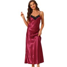 This soft fabric and breathable lounge dress for women is constructed of 100% polyester fabric, comfy, moisture-wicking, breathable, and skin friendly. Featuring maxi length and sleeveless with lace trim design, make you feel cozy all night, and enjoy a comfortable sleep and sweet dream.Great for loungewear, nightwear, sleepwear, home bedroom, daily wear. No matter the cozy bedtime, casual home relaxation, laze afternoon, or comfy bath, the soft and lightweight nightdress can company with you al Sleeveless Camisole For Pajama Party, Solid Sleeveless Camisole For Pajama Party, Red V-neck Slip Dress For Sleep, Sleeveless Satin Nightgown For Loungewear, Sleeveless Satin Nightgown, Satin Sleeveless Sleepwear For Sleepovers, Sleeveless Satin Sleepwear For Sleepovers, Sleeveless Satin Sleepwear, Sleeveless Satin Nightgown For Sleepover