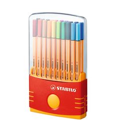 stabio colored pencils are in a display case on a white background with the words stabio written below them