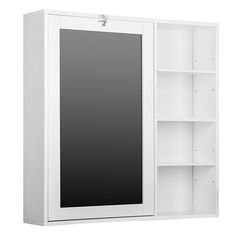 a white wall mounted cabinet with black glass doors and shelves on both sides is shown