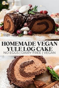 homemade vegan yule log cake with chocolate frosting and cranberries