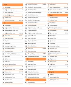 an orange and white menu with different types of food items on the top of it