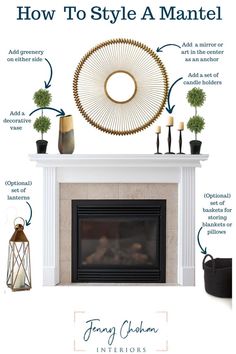 a fireplace with the words how to style a mantel above it and below it