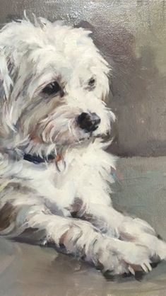 a painting of a white dog laying down