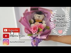 someone is holding a teddy bear and flowers in their hand with the caption how to make graduation bouquet