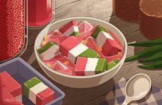 there is a bowl full of jello next to other items