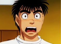 an anime character with black hair and big eyes making a goofy face while looking at the camera