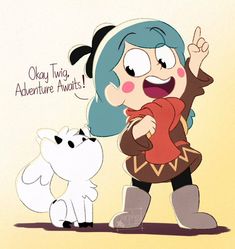 an animated girl with blue hair holding her hand up in the air next to a white dog