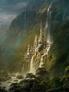 a castle in the middle of a waterfall surrounded by trees and mountains with water pouring from it