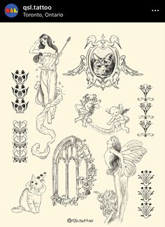 an old fashioned tattoo design with various designs on it, including angels and other things