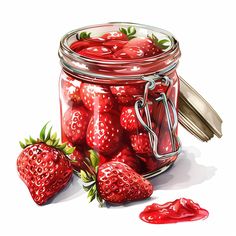 a painting of strawberries in a glass jar with a spoon next to the jar