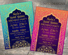 two colorful birthday party cards with an ornate design