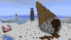 an animal in the snow next to a tall tower with a clock on it's face