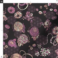 a black background with pink and purple flowers on it's side, which is very similar to the pattern used in this fabric