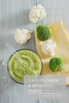 broccoli, cauliflower and broccoli puree on a table