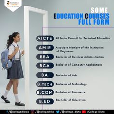 a girl in a school uniform is standing next to a sign that says education courses full form