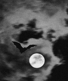 a black and white photo of a bat flying in front of the moon with clouds