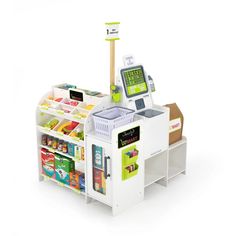 an electronic grocery kiosk on wheels with food in the bins and other items