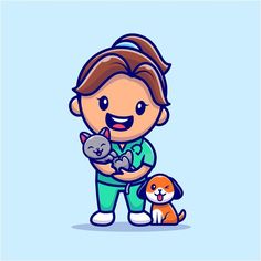 a cartoon character holding a cat and dog