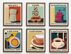 four framed posters with different types of coffee items on them, each featuring an espresso and cappuccino