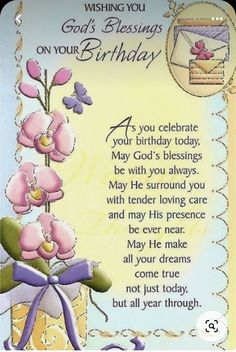 a birthday card with pink flowers and a purple ribbon on the bottom, saying wishing you god's blessing on your birthday