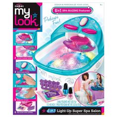 Get a salon style pedicure at home with the MY LOOK 6-in-1 Light-Up Super Spa Salon Activity Kit! Features all new color-changing light effects reflect onto the water! For a fun colorful light show! Includes massaging foot rollers and foot buffer, real polishes, pedi soak, pedi slippers & more! Intended for ages 8 and up. Nature Cafe, Makeup For Kids, Spa Art, Girly Christmas Gifts, Spa Slippers, Pedicure At Home, Color Changing Lights, Activity Kits, Salon Style