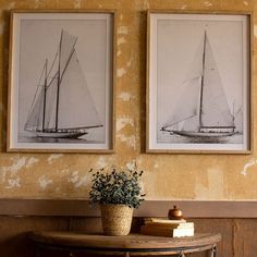 two framed pictures hang on the wall above a table with a potted plant in front of it